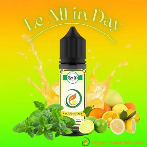 Flacon PET 50ml grand format de l'e-liquide Le All in Day saveur menthe agrume, étiquette et logo Vape Bio.